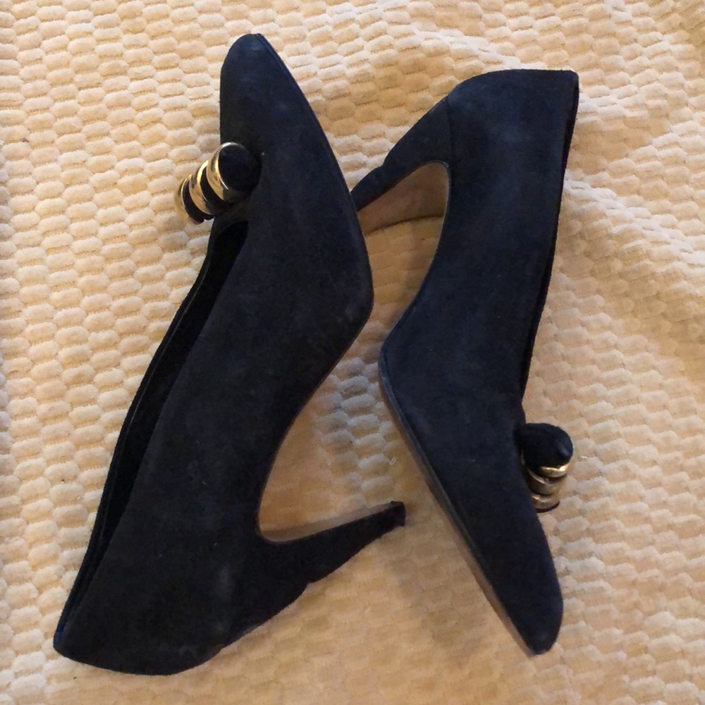Via Spiga Vintage Black Suede, Gold-tone chunky embellishment, sculpted heels